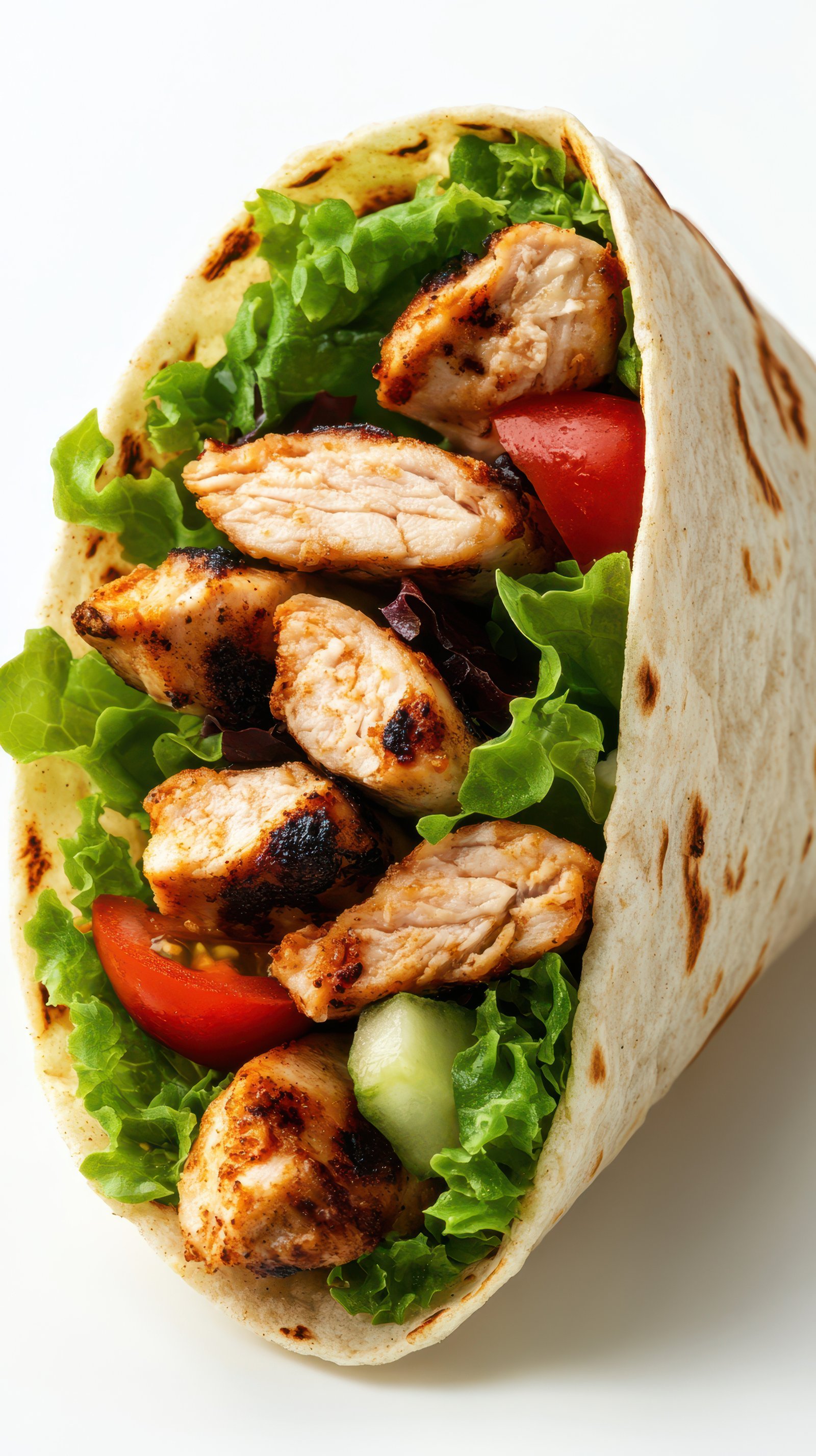 Delicious grilled chicken wrap filled with fresh vegetables served on a white background